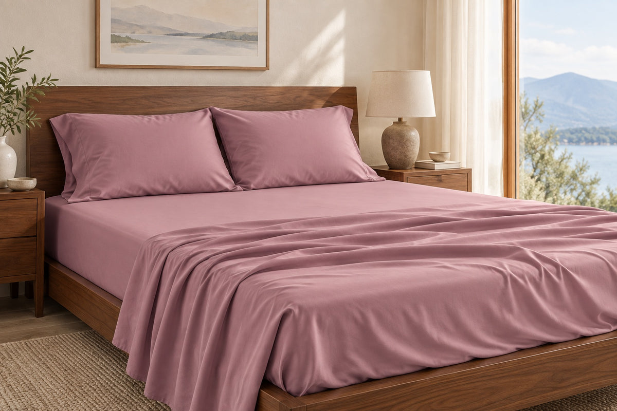Dusk bamboo fitted sheet and matching pillowcases in a sunlit bedroom
