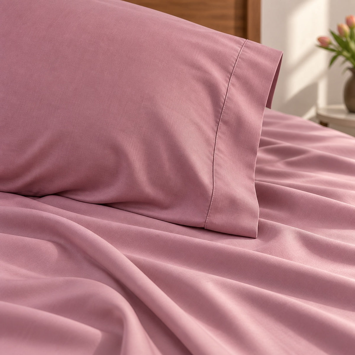 Close-up of smooth Dusk bamboo fabric and pillowcase edging