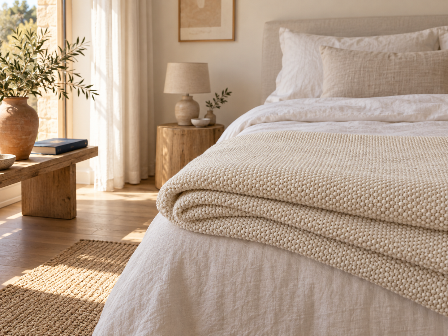 Styled visual concept of an ivory knit throw at the foot of a bed