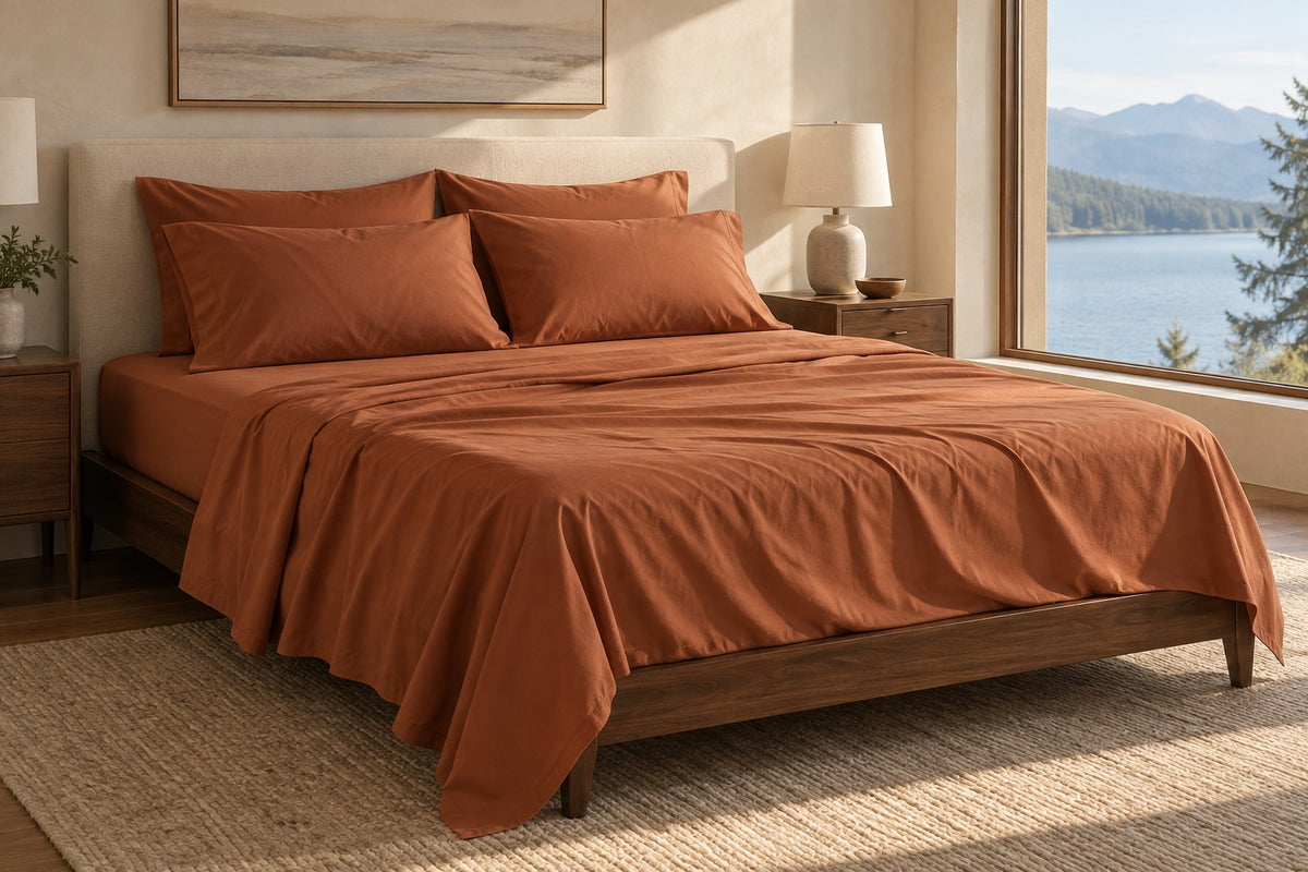 Terracotta organic cotton sateen top sheet, fitted sheet and four matching pillowcases in a sunlit bedroom