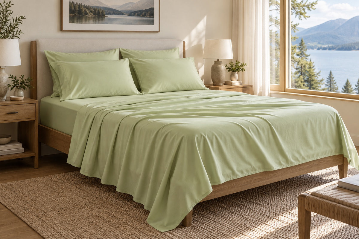 Sage TENCEL sheet set with a flowing top sheet and four matching pillowcases in a sunlit lakehouse bedroom