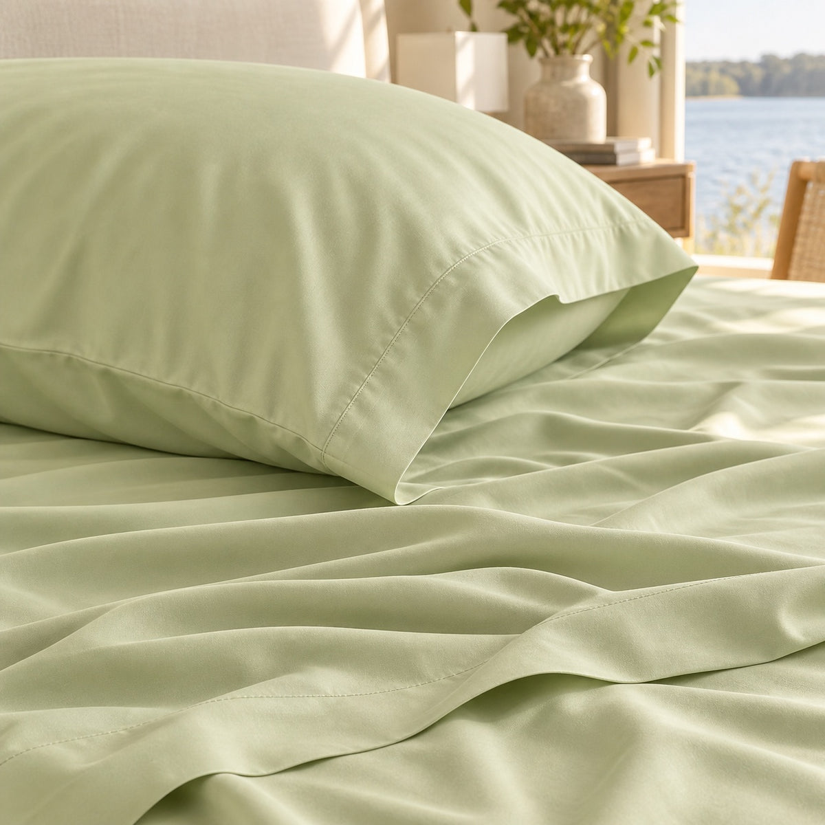 Close-up of Sage lyocell sheet folds and a softly finished pillowcase edge