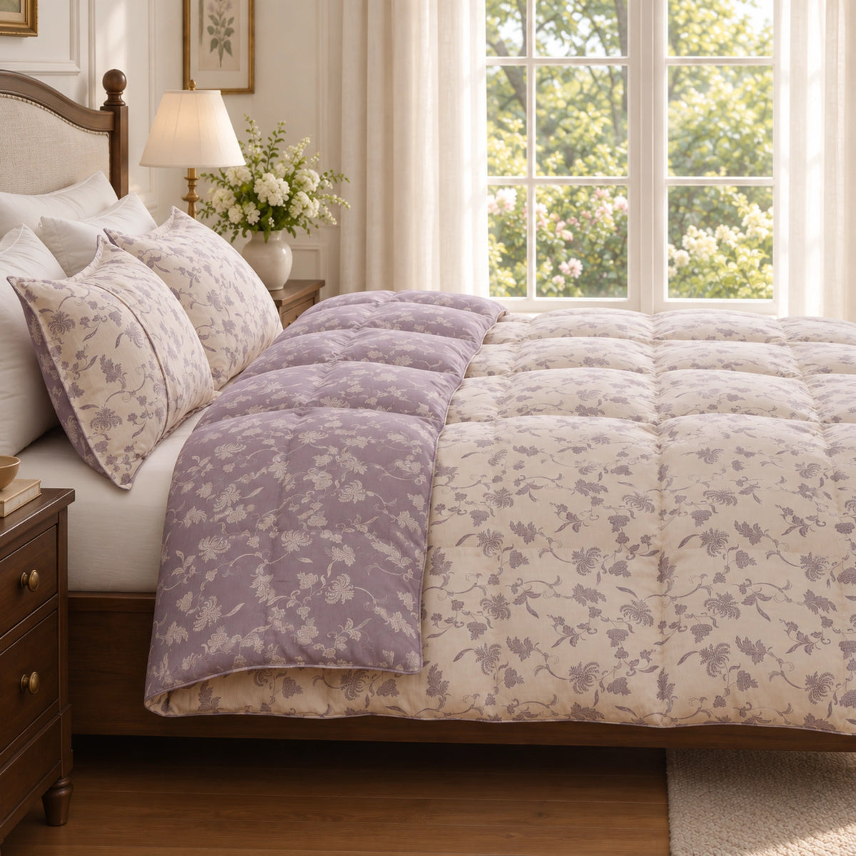 Lavender Bloom organic cotton reversible goose down comforter – bed side ivory