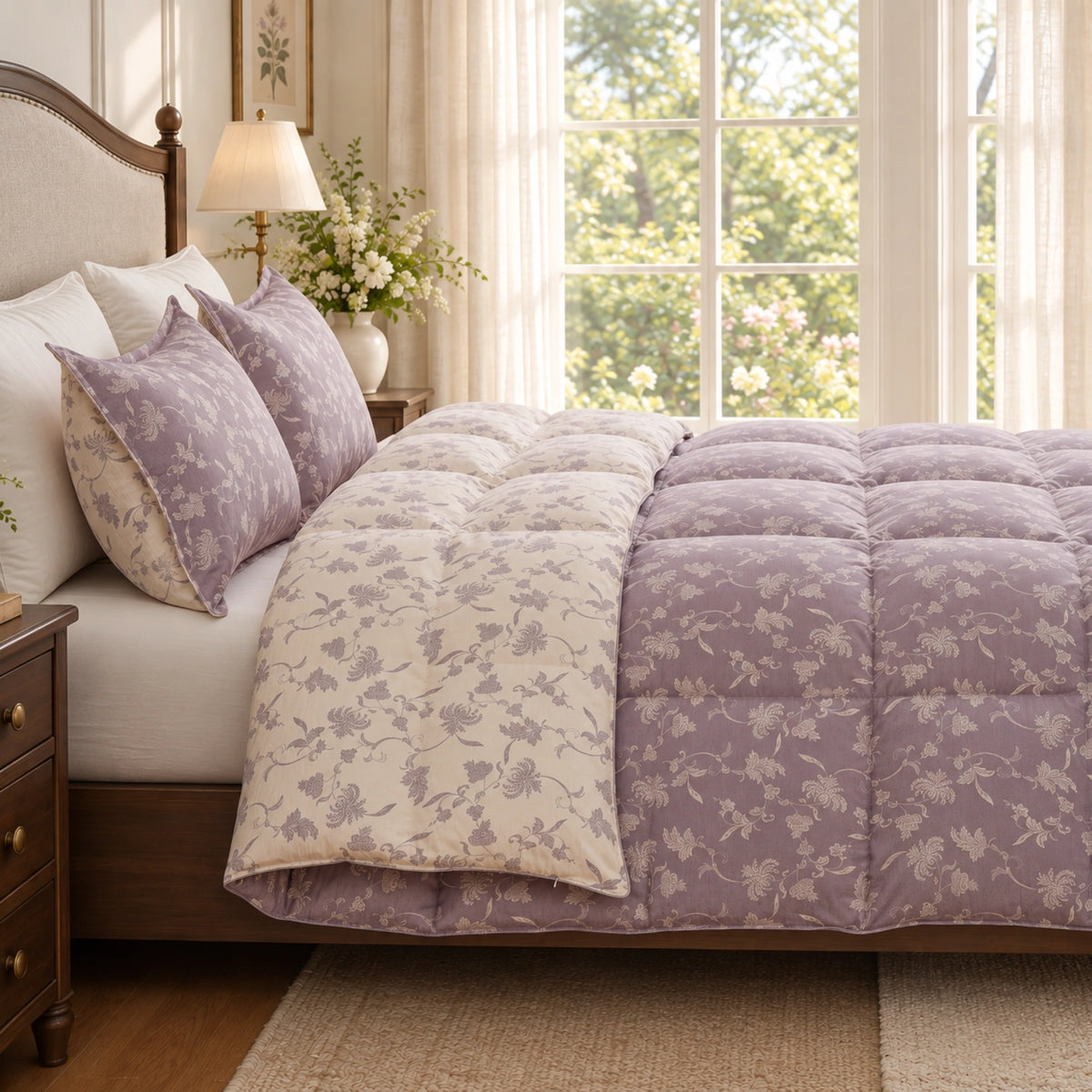 Lavender Bloom organic cotton reversible goose down comforter – bed side lavender