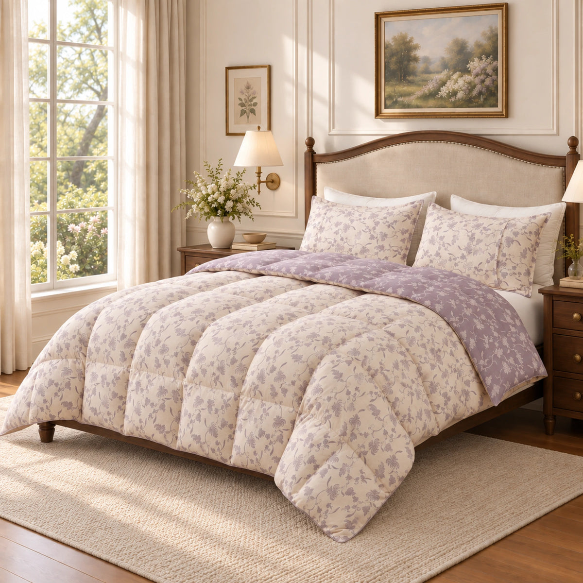 Lavender Bloom organic cotton reversible goose down comforter – bedroom angle ivory