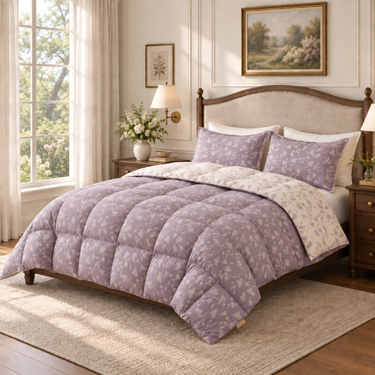 Lavender Bloom organic cotton reversible goose down comforter – bedroom angle