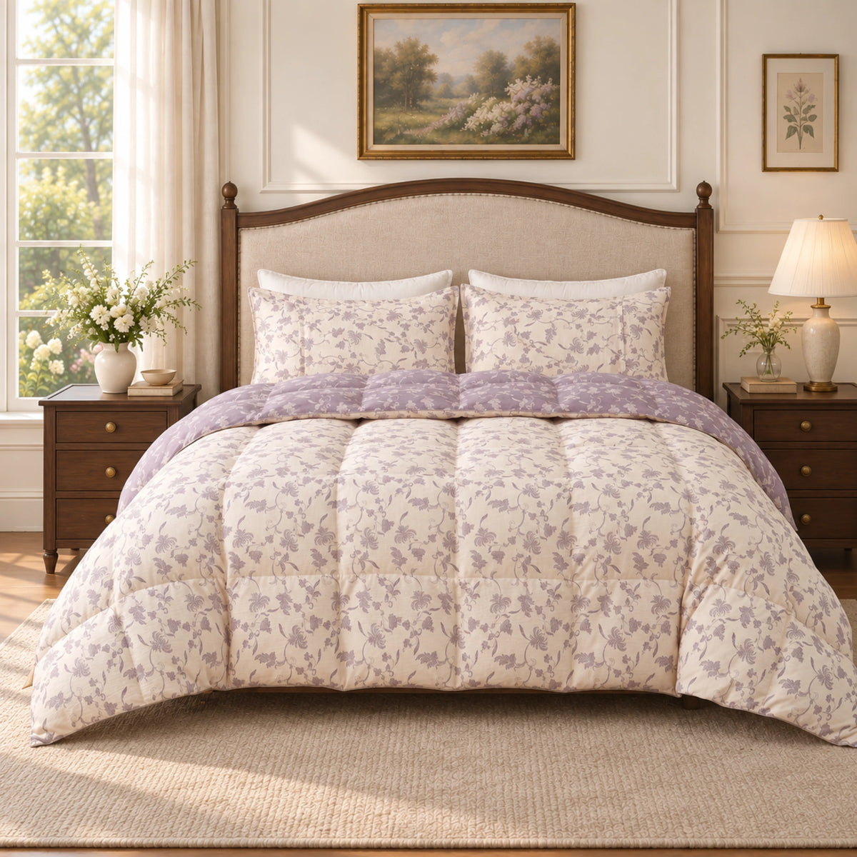 Lavender Bloom organic cotton reversible goose down comforter – bedroom front ivory