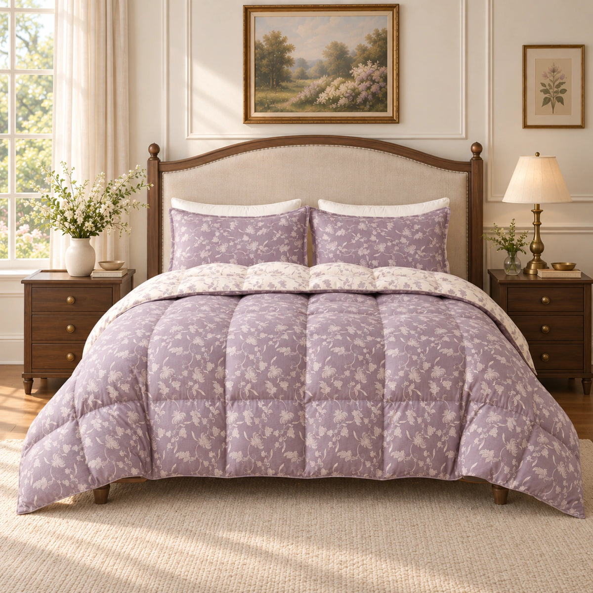 Lavender Bloom organic cotton reversible goose down comforter – bedroom front lavender