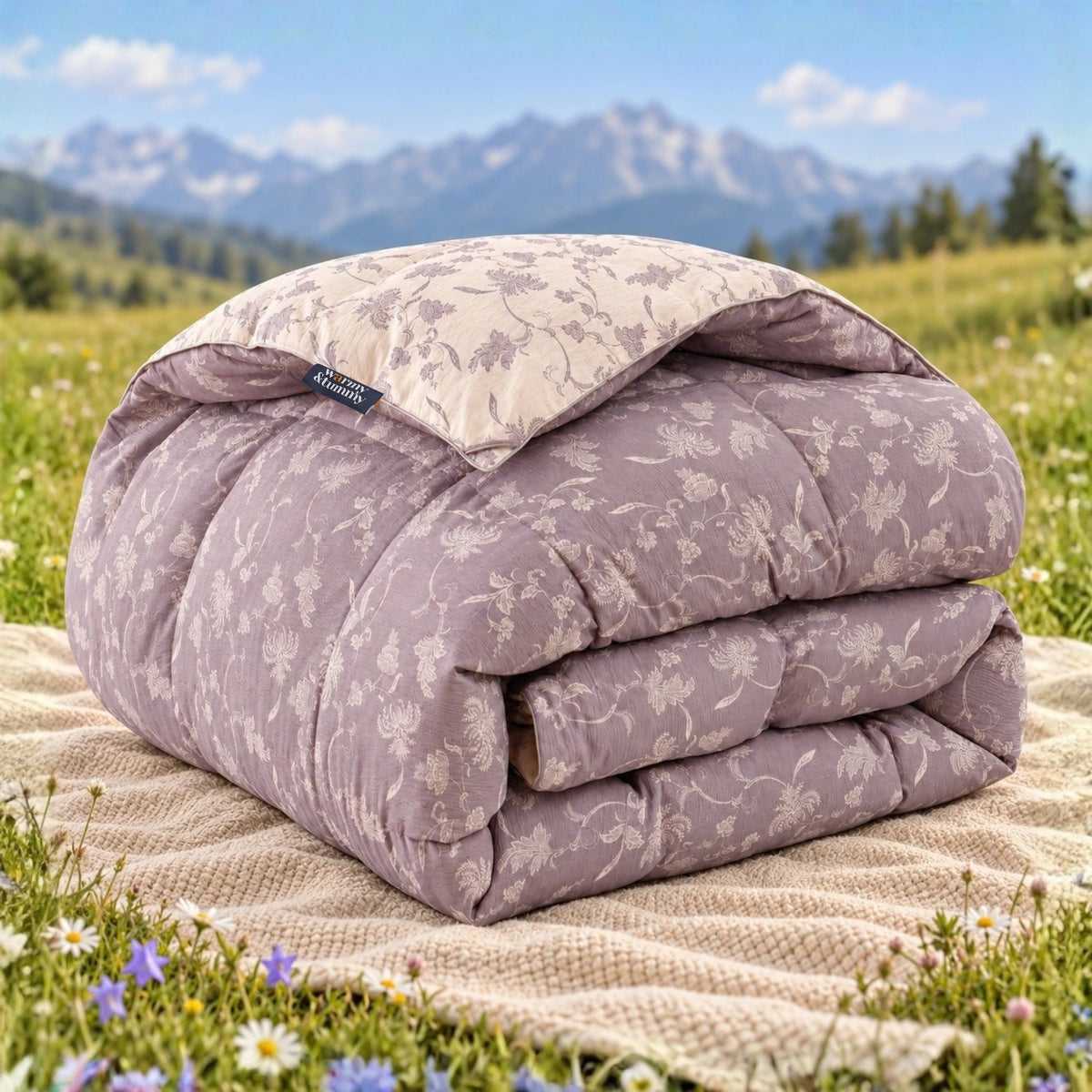 Lavender Bloom organic cotton reversible goose down comforter – folded front