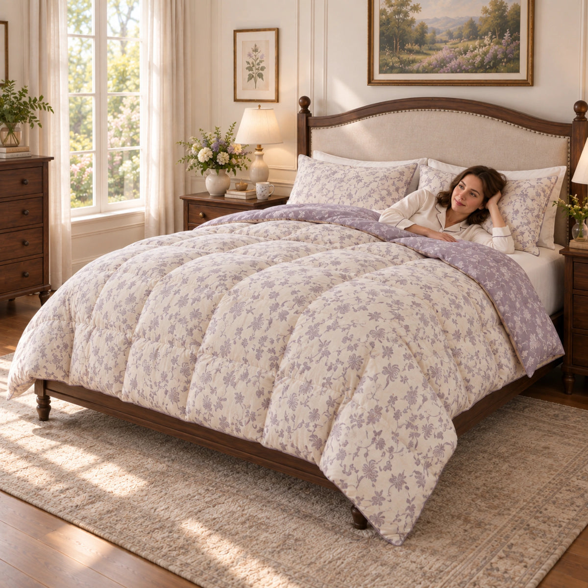 Lavender Bloom organic cotton reversible goose down comforter – model resting ivory