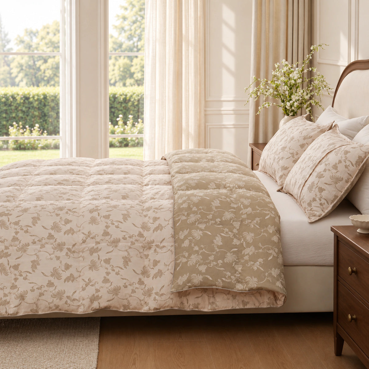 Sage Bloom organic cotton reversible goose down comforter – bed side ivory