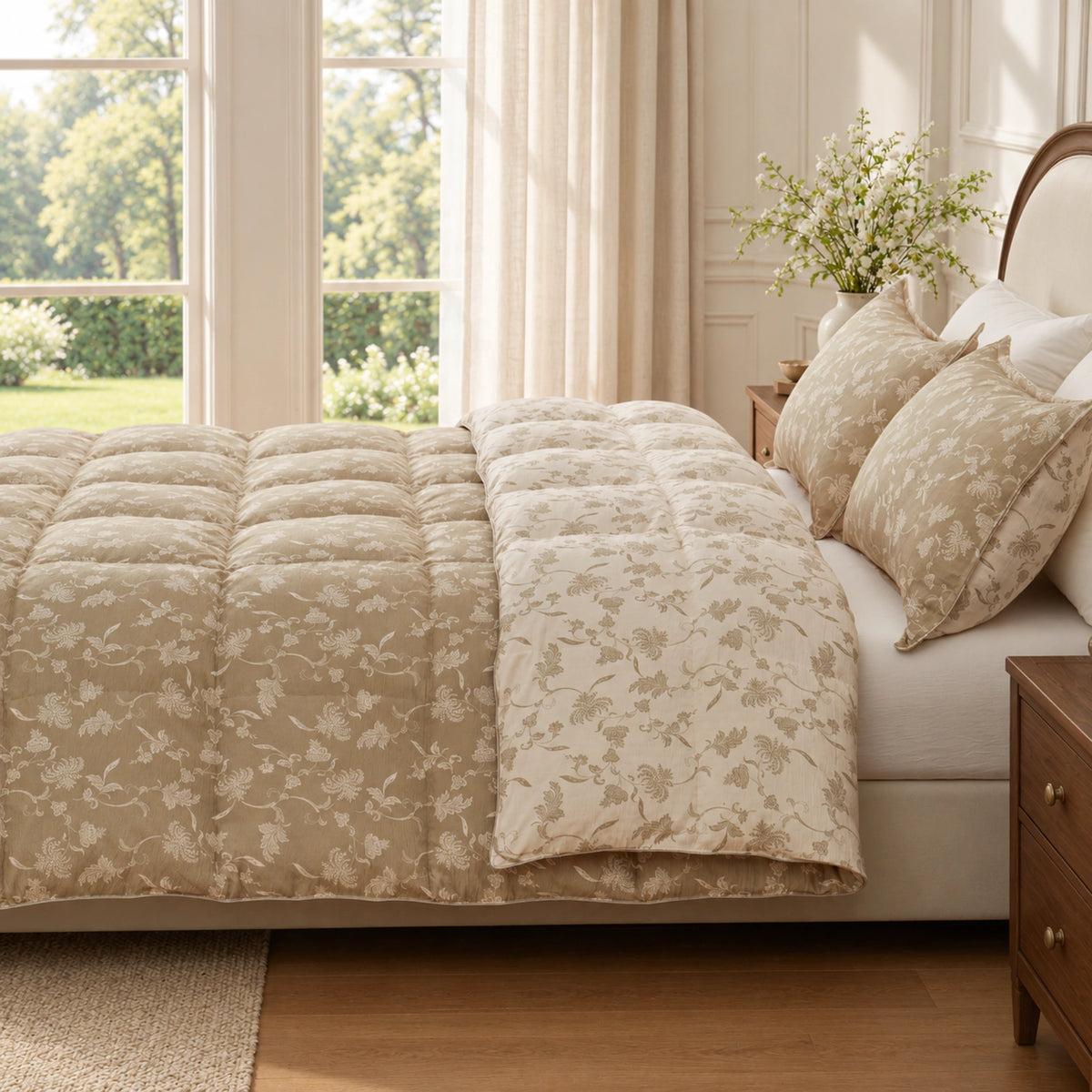 Sage Bloom organic cotton reversible goose down comforter – bed side sage