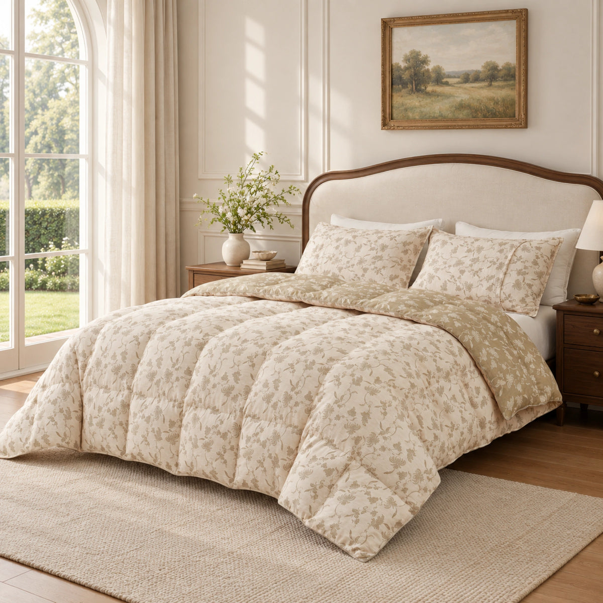 Sage Bloom organic cotton reversible goose down comforter – bedroom angle ivory