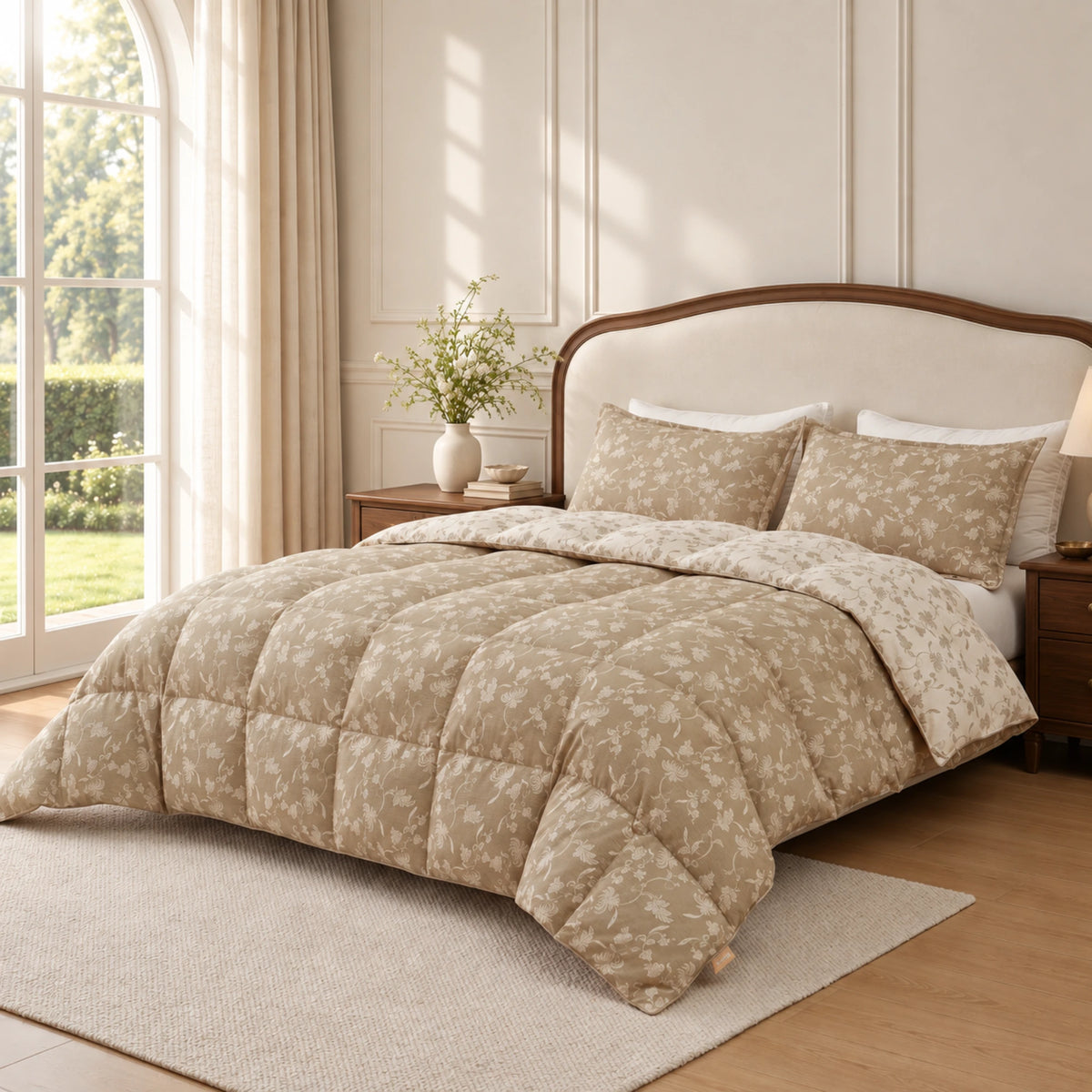 Sage Bloom organic cotton reversible goose down comforter – bedroom angle sage