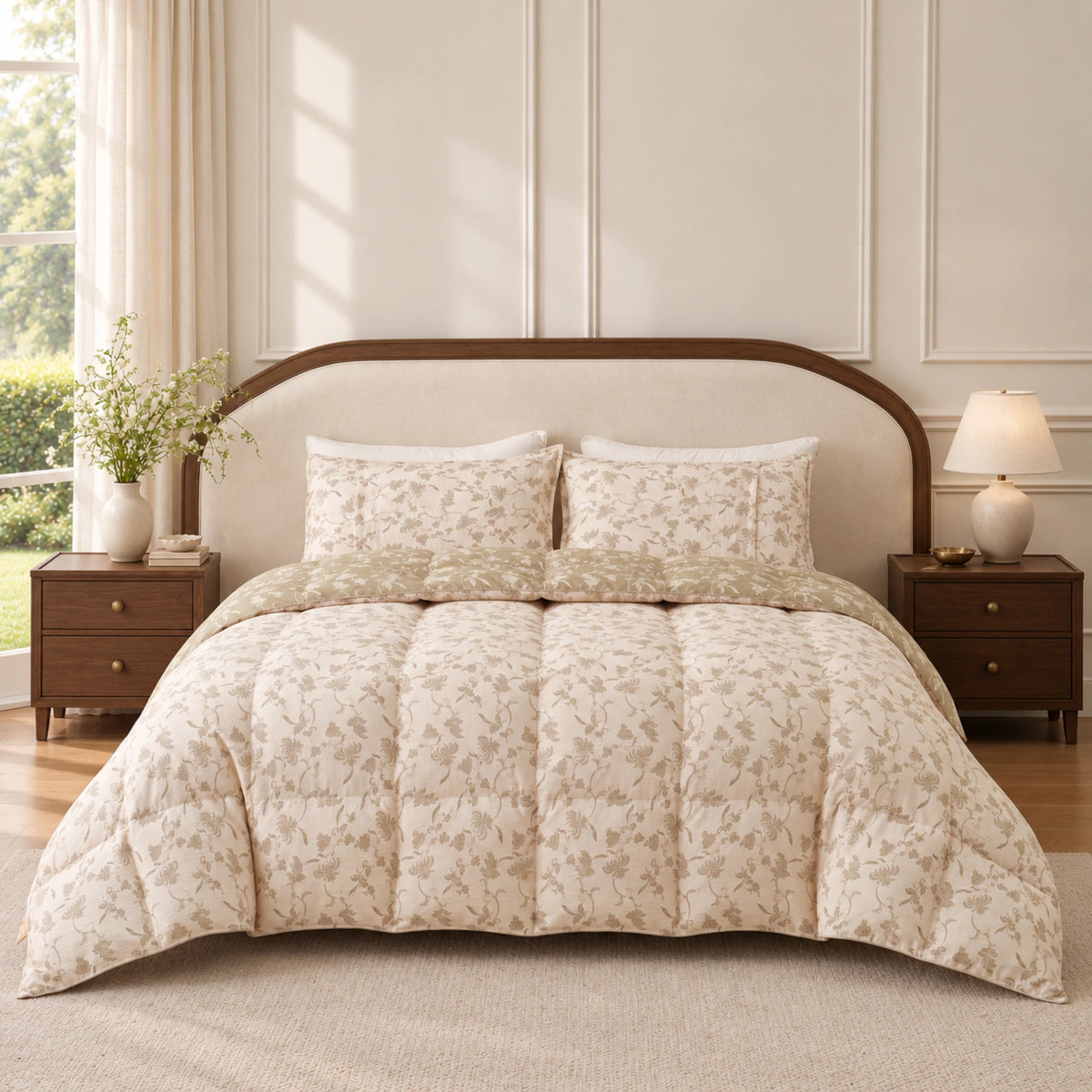 Sage Bloom organic cotton reversible goose down comforter – bedroom front ivory