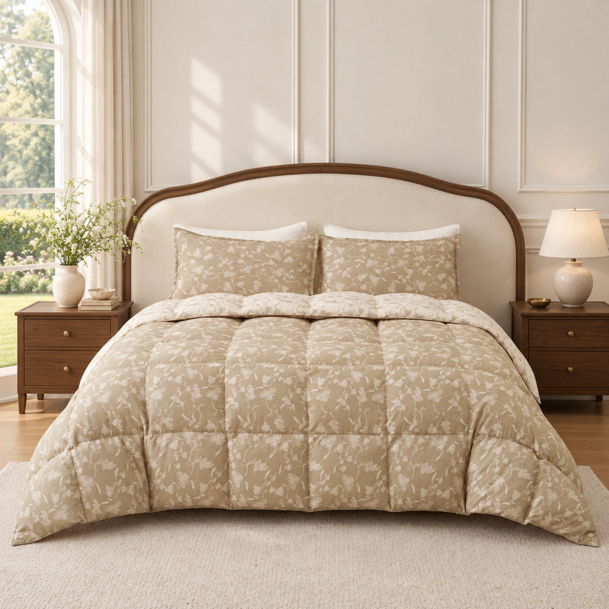 Sage Bloom organic cotton reversible goose down comforter – bedroom front sage
