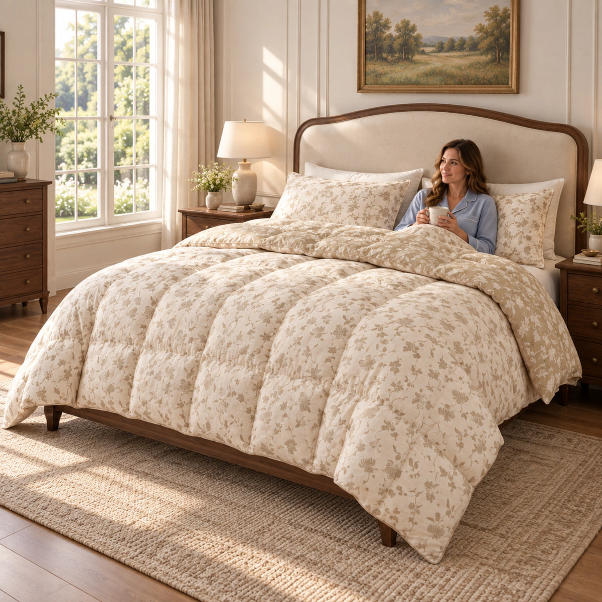 Sage Bloom organic cotton reversible goose down comforter – model reading