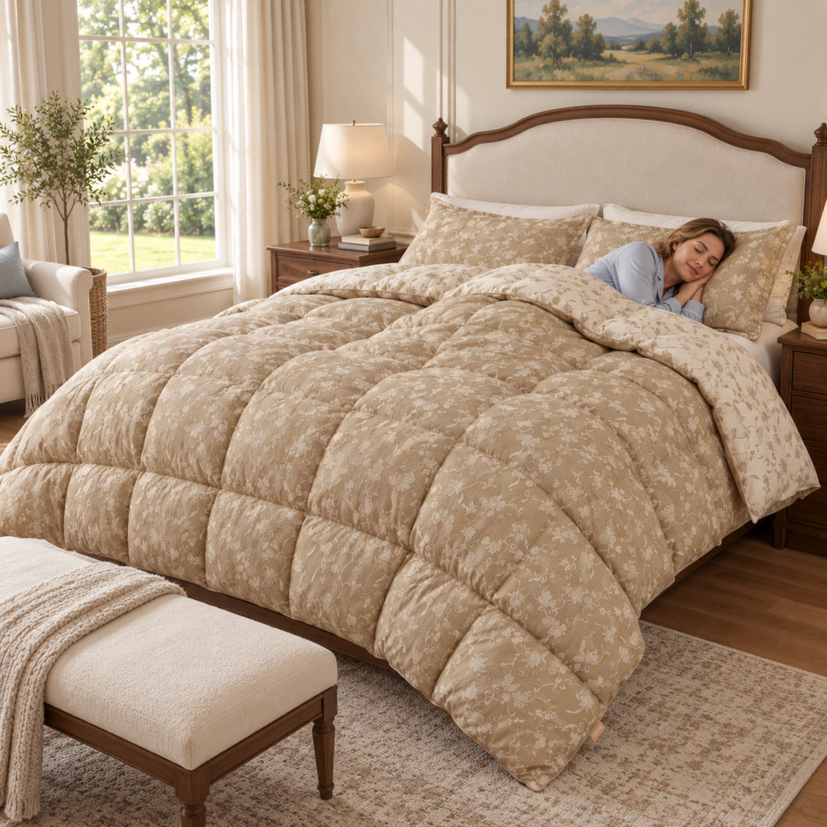 Sage Bloom organic cotton reversible goose down comforter – model resting