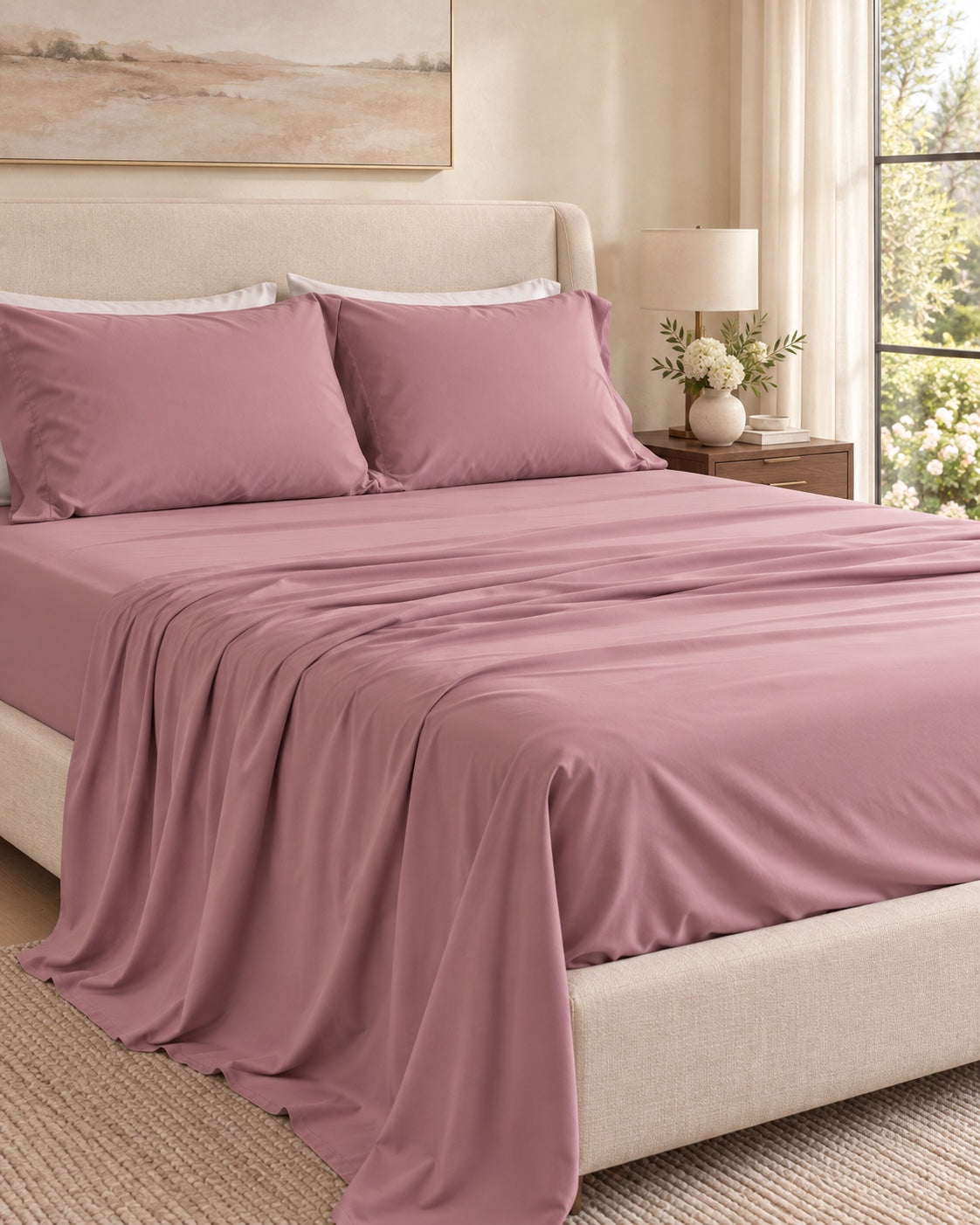 Dusk-toned sheets and matching pillowcases in a sunlit bedroom