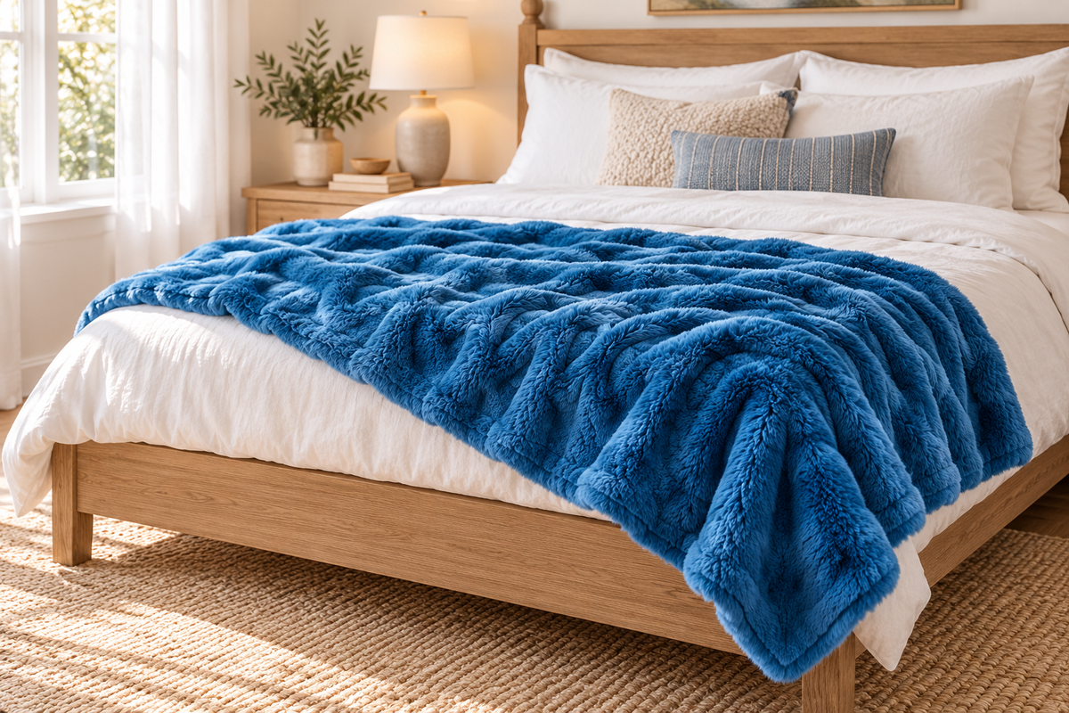 Blue Cosmic Wave throw styled across a bed
