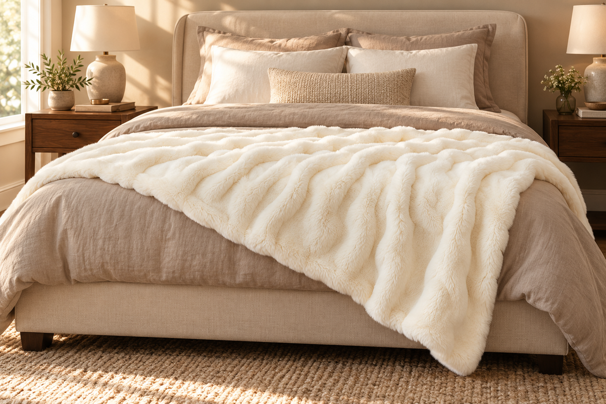 Cream Cosmic Wave throw styled across a bed