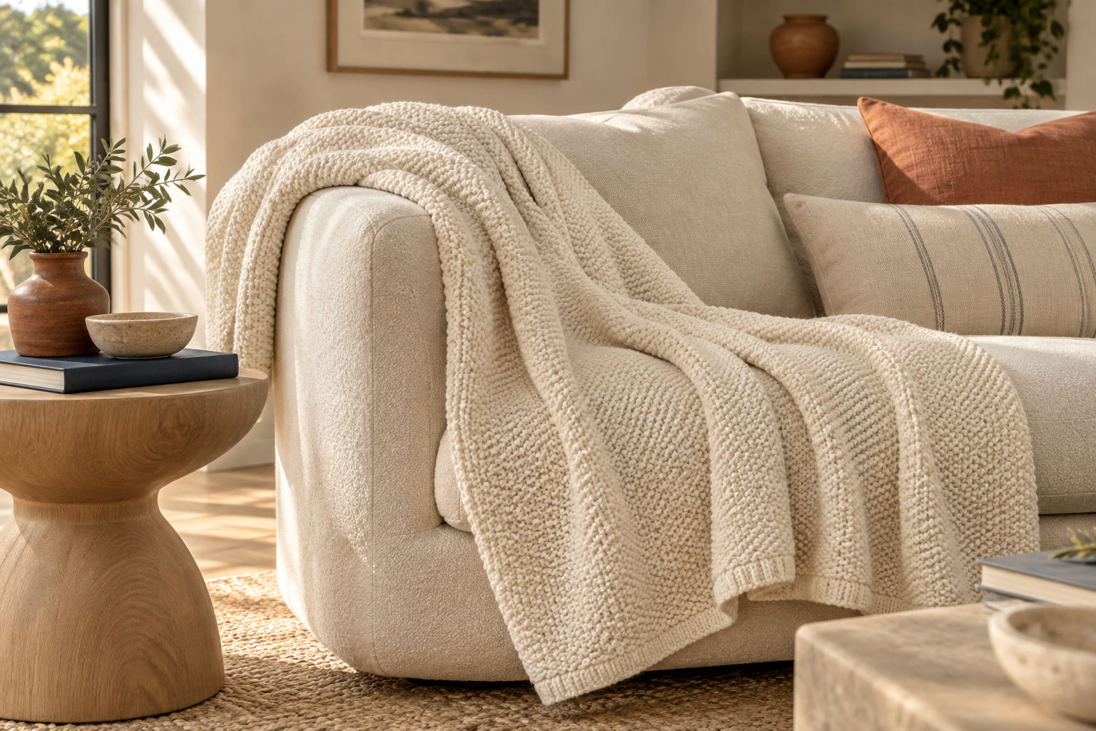 Styled visual concept of an ivory cotton knit throw on a sofa