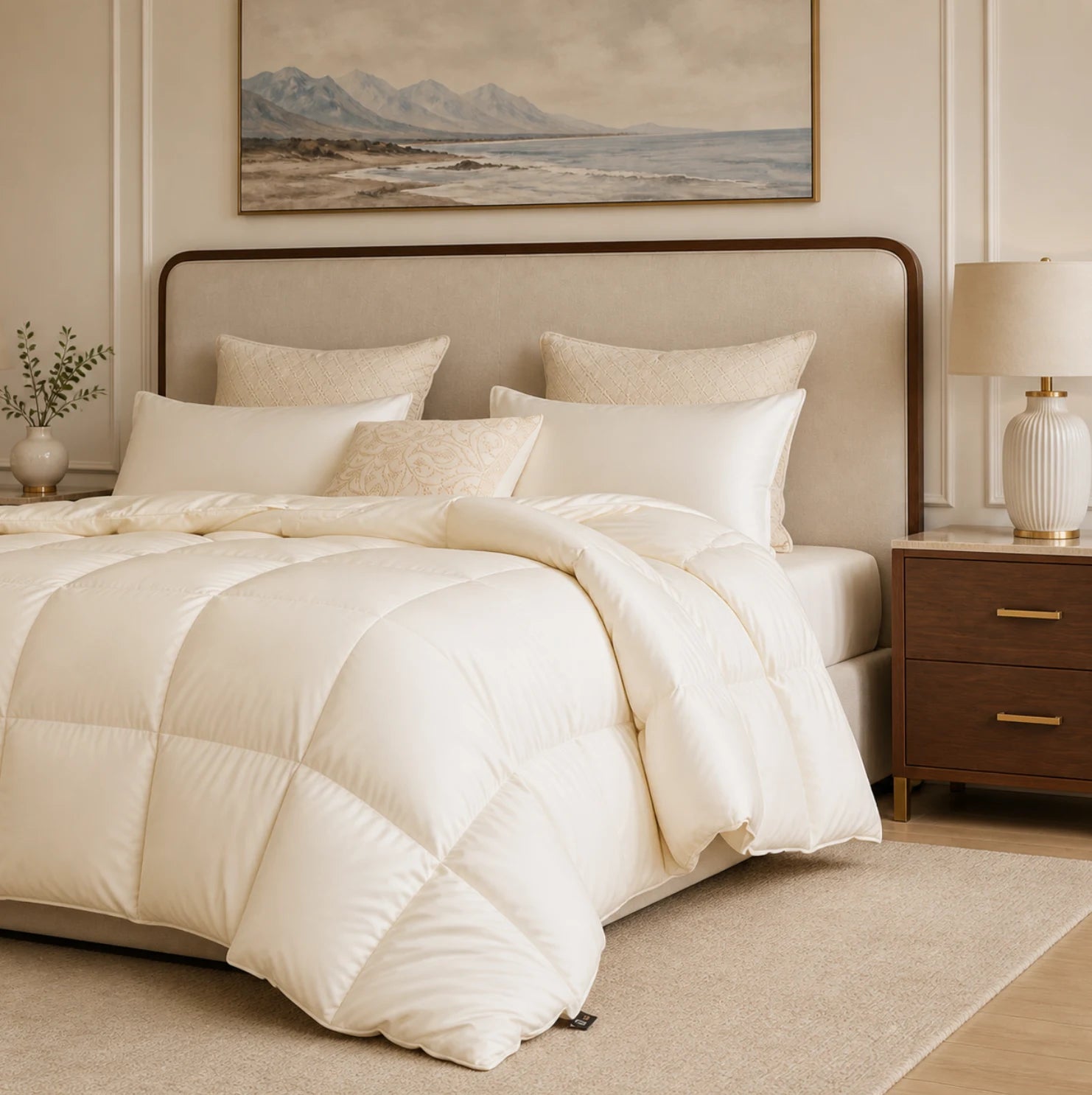 Ivory goose down comforter on a bed in a warm bedroom with an upholstered headboard