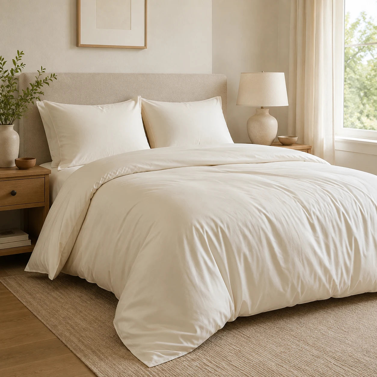 Ivory duvet cover and matching pillow shams on a bed in a neutral bedroom
