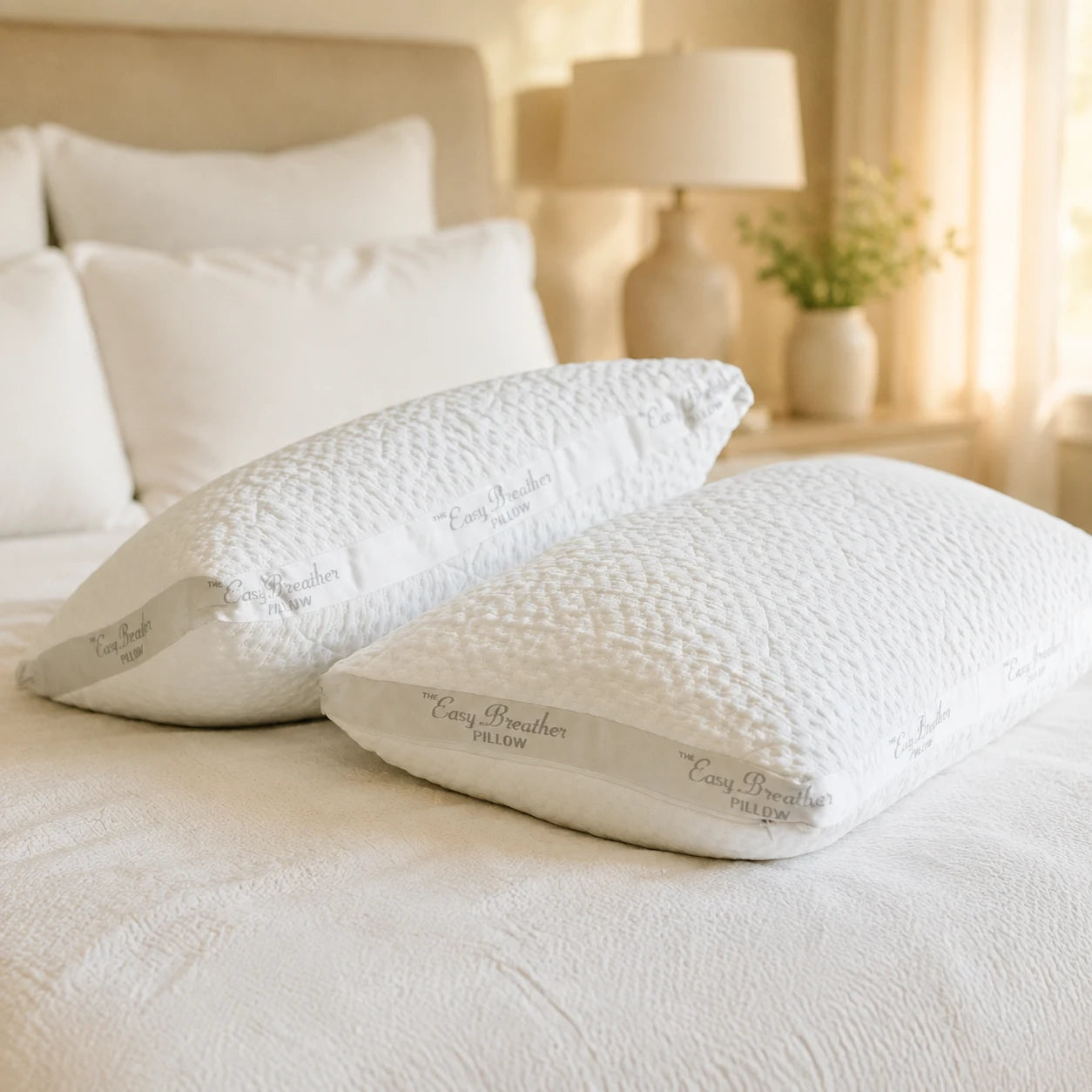 Two white Easy Breather memory foam pillows with textured covers on a bed