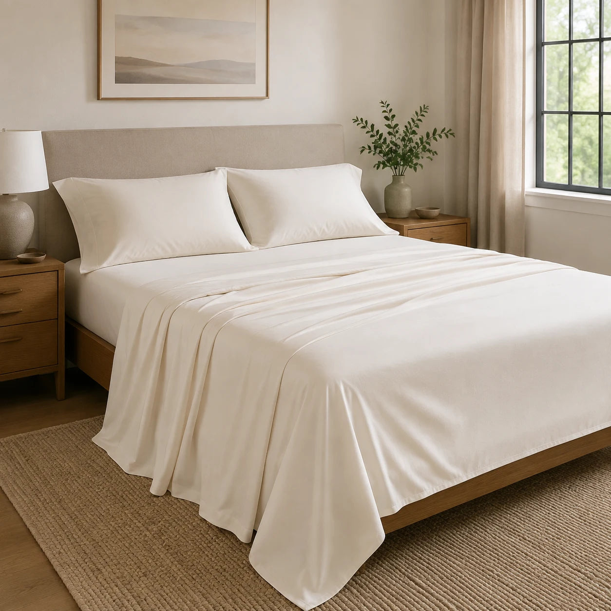Ivory bed sheets and matching pillowcases on a bed beside a sunlit window