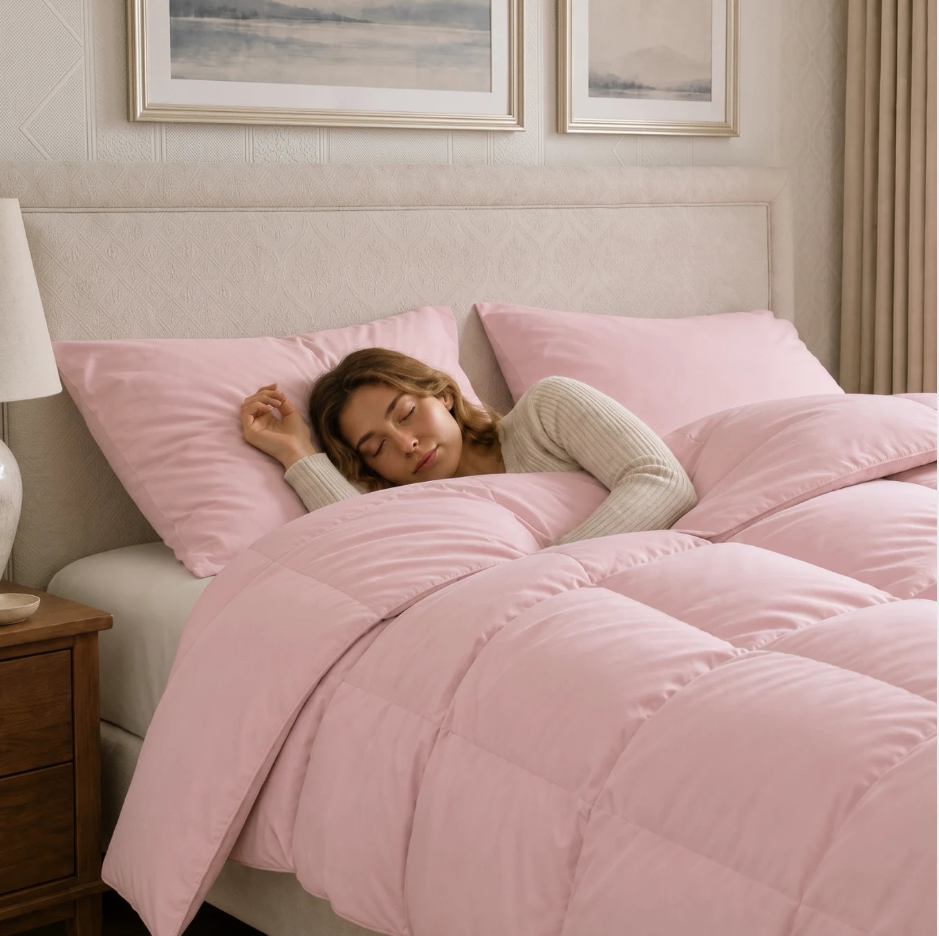 Woman sleeping beneath a pink goose down comforter with matching pillowcases