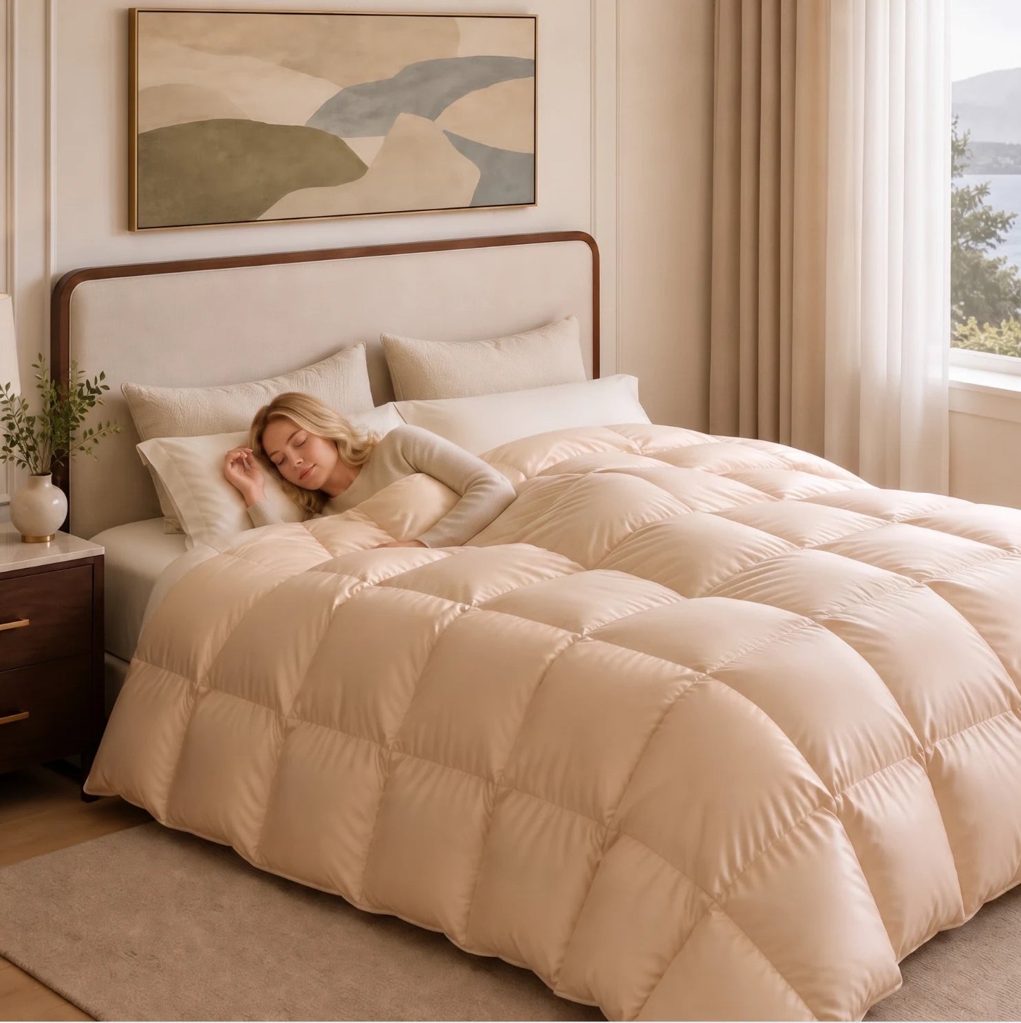 A woman resting beneath a champagne down comforter in a softly lit bedroom