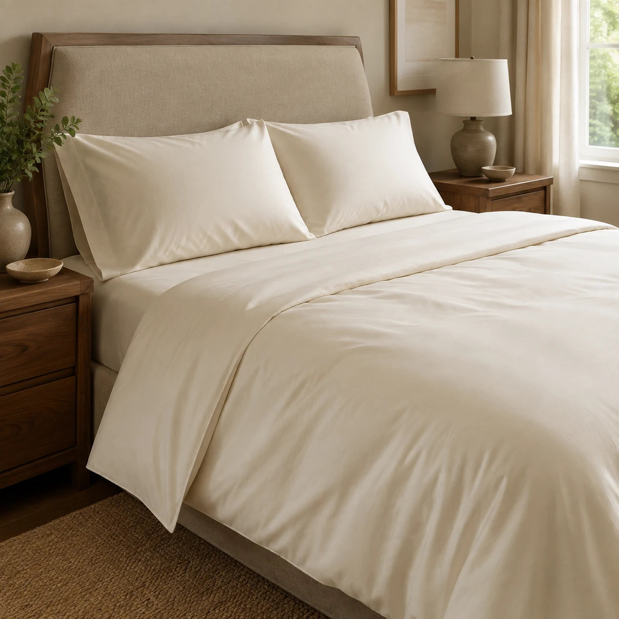 Illustrative ivory bedding ensemble with smooth sheets, a duvet cover and matching pillowcases