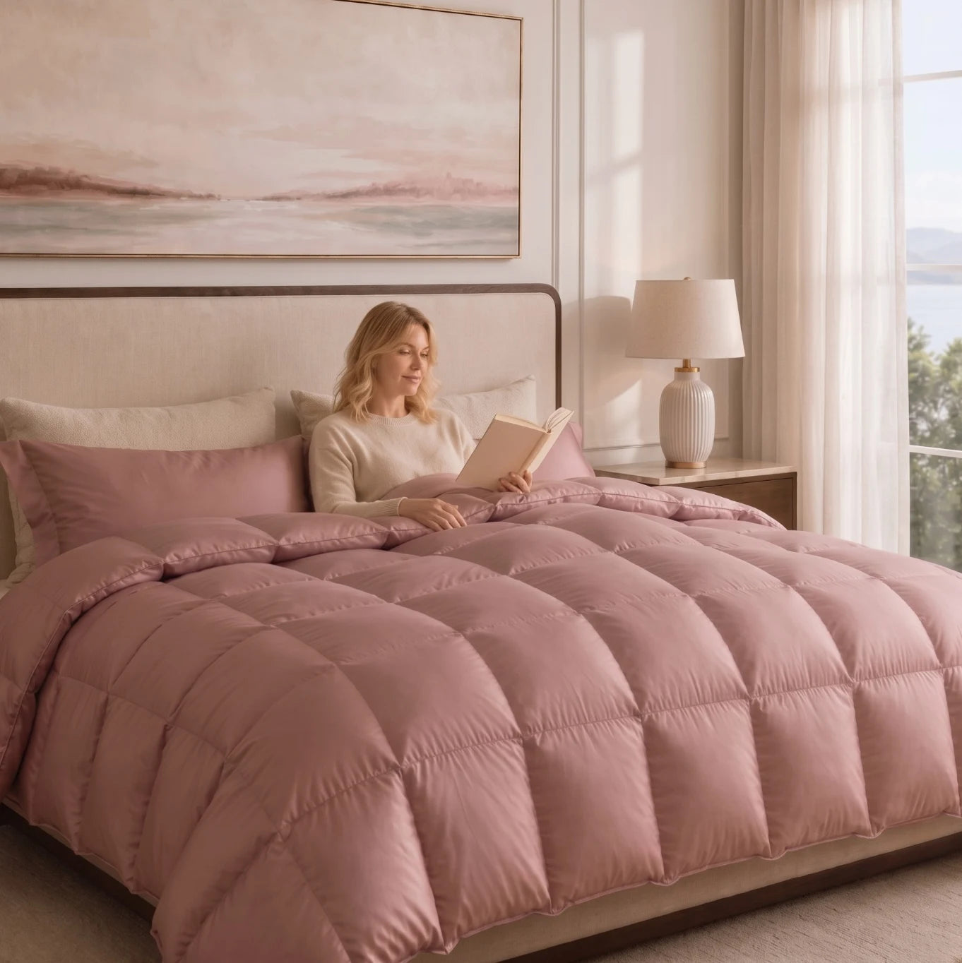 Woman reading beneath a pink goose down comforter in a softly sunlit bedroom