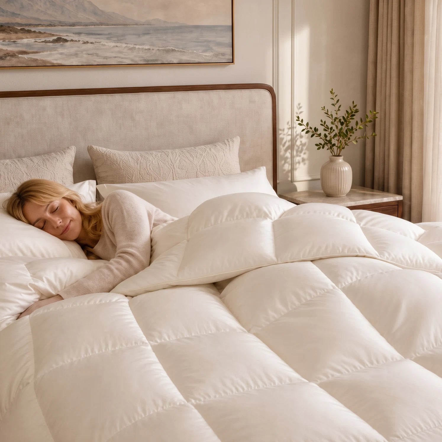 A woman sleeping comfortably beneath a white down comforter in a warm bedroom