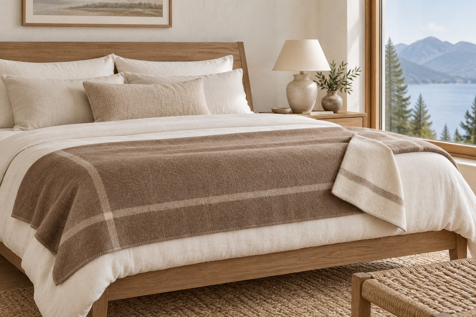 La Mérino-Doux throw folded as an accent across the foot of a bed with ivory bedding