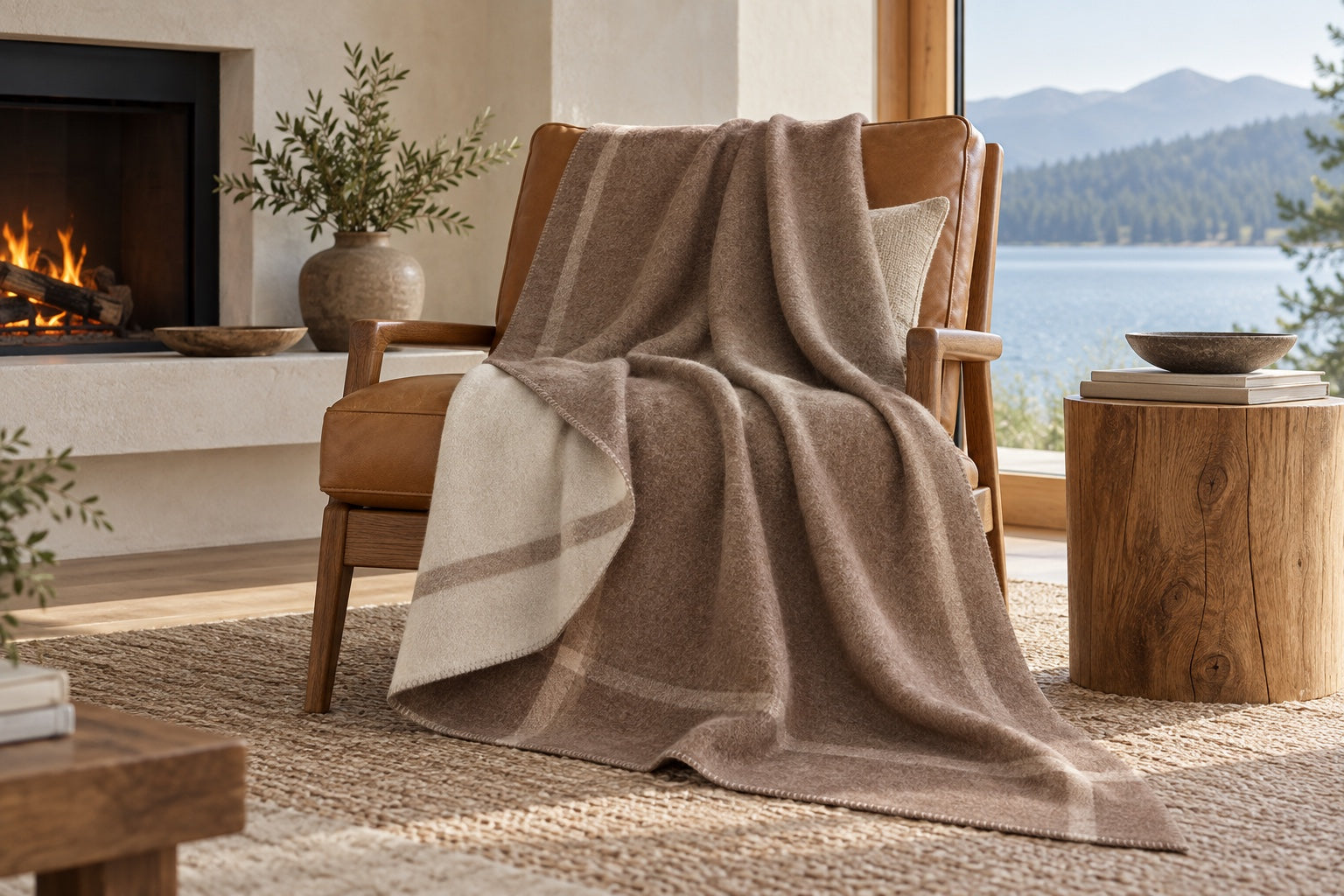 La Mérino-Doux taupe and ivory wool-cashmere throw draped over a leather reading chair