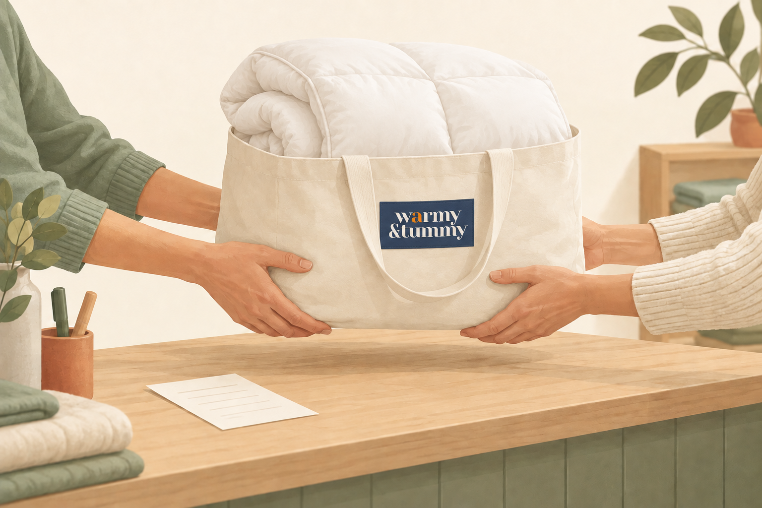 Illustration of a fluffy down comforter in a Warmy and Tummy branded bag being handed over at a community donation counter
