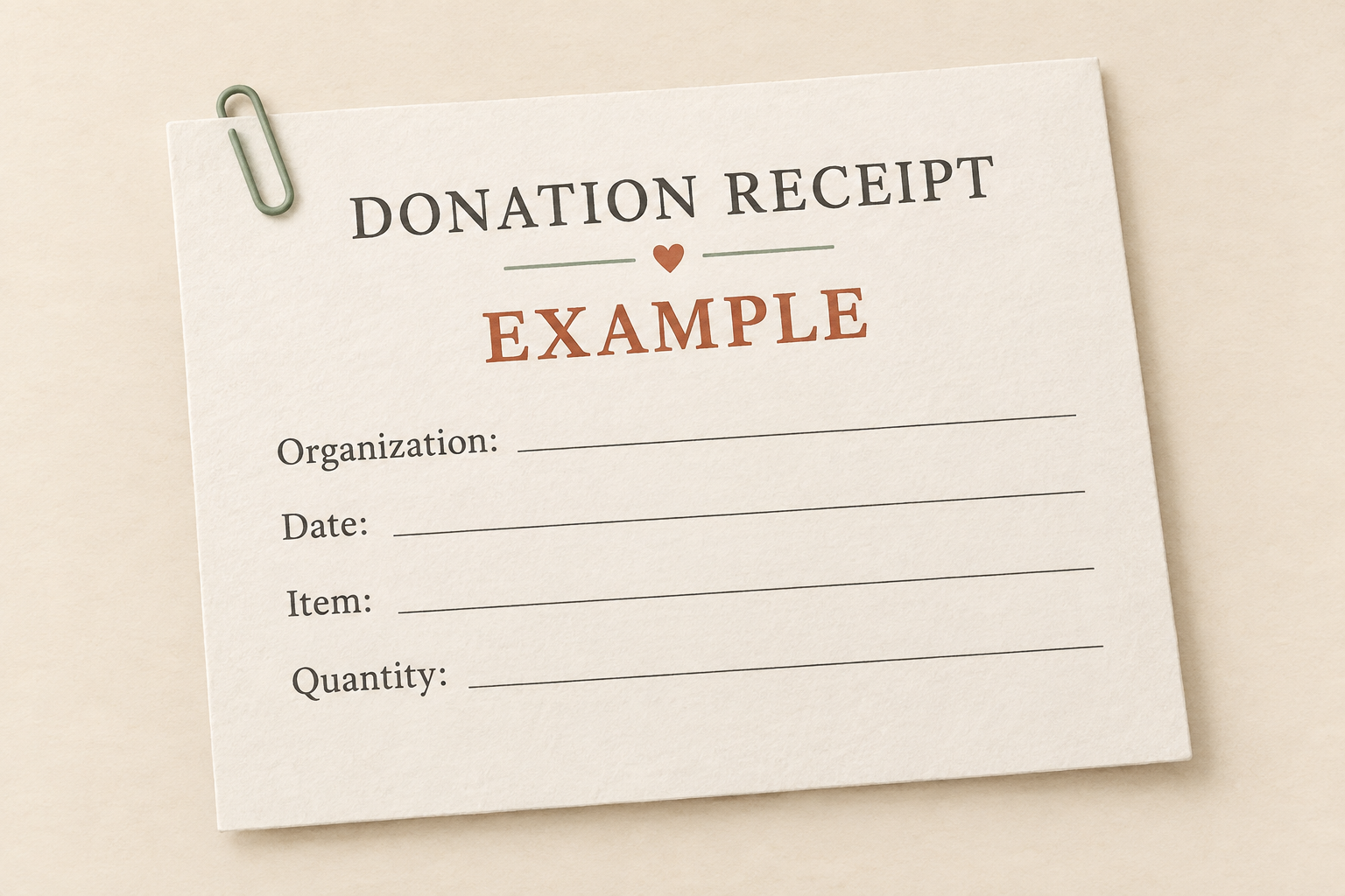 Example donation receipt showing fields for the receiving organization, date, item and quantity