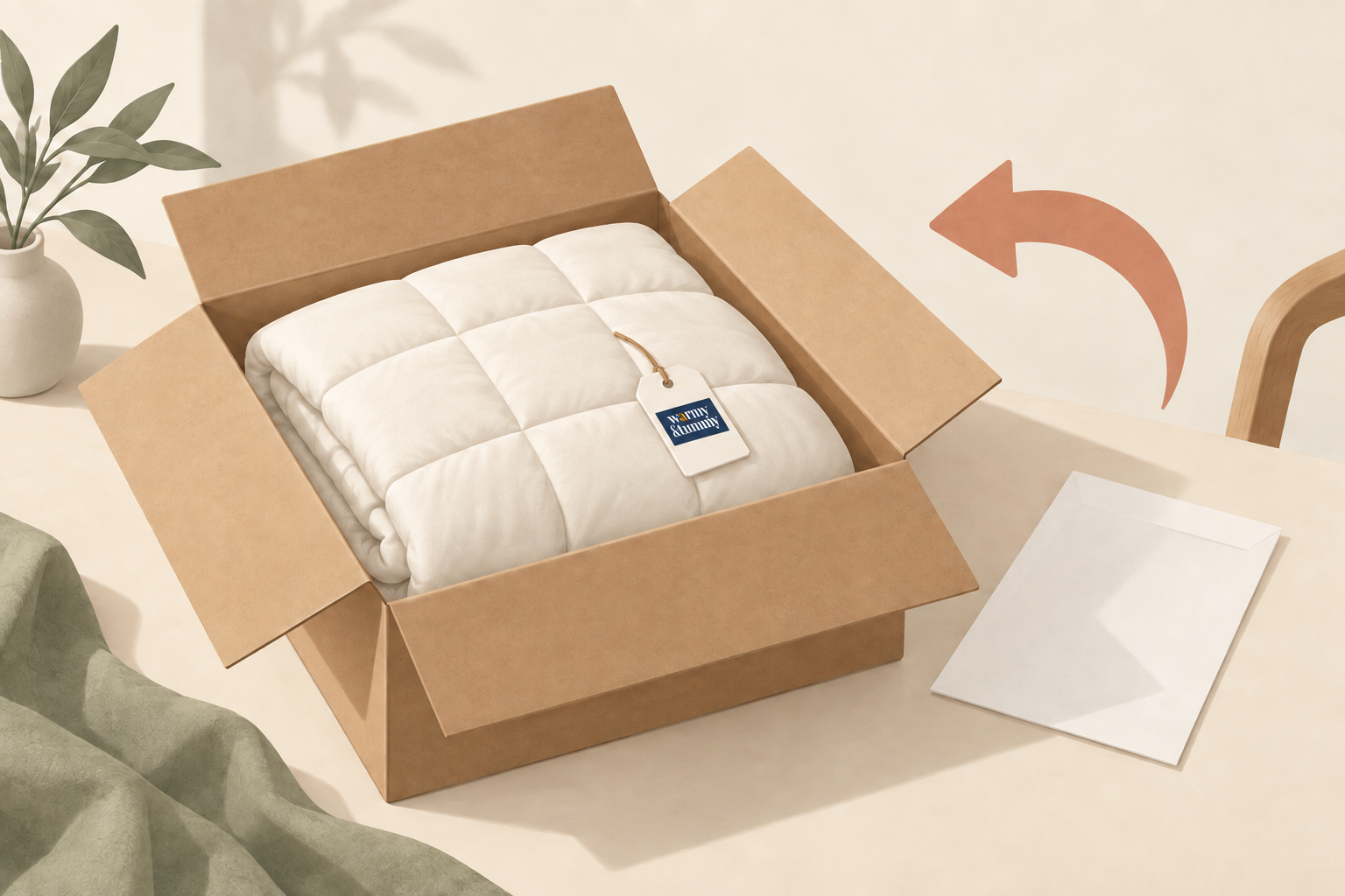 Illustration of a clean folded down comforter with a Warmy and Tummy logo tag in a return shipping box