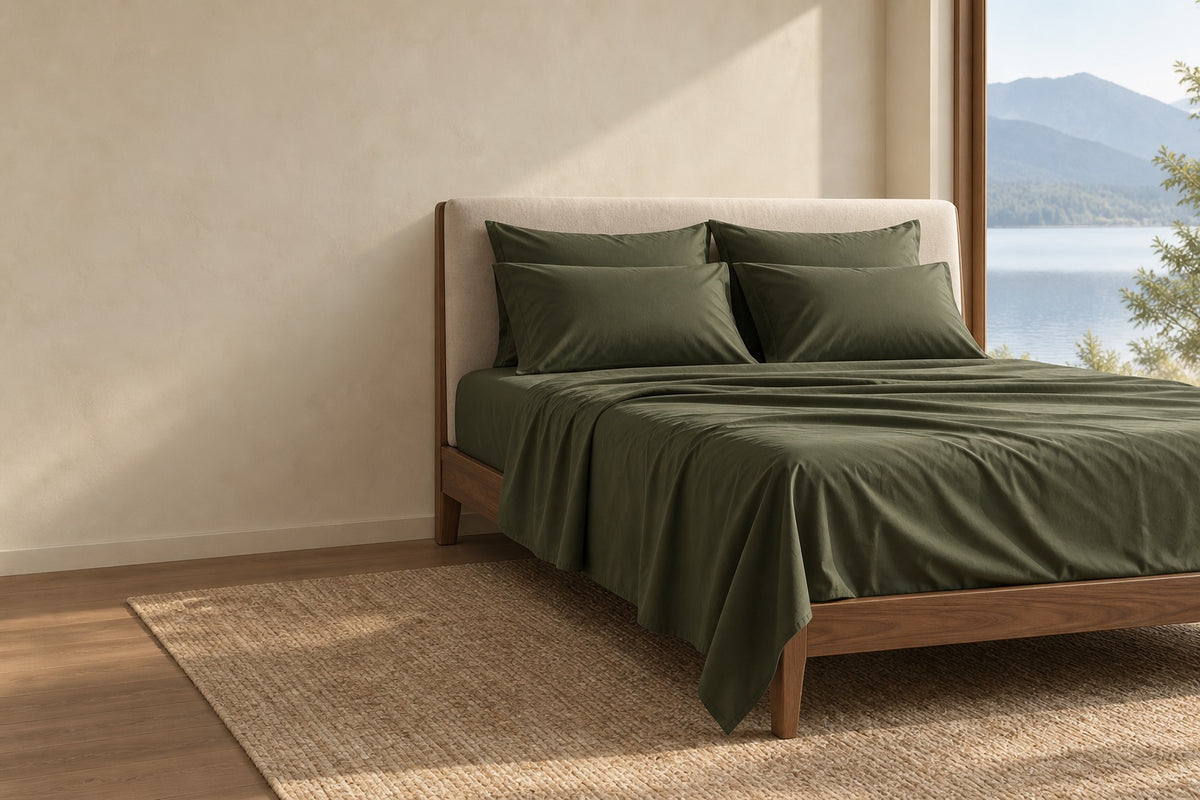 Moss organic cotton sateen bedding with four matching pillowcases in a warm, naturally lit bedroom