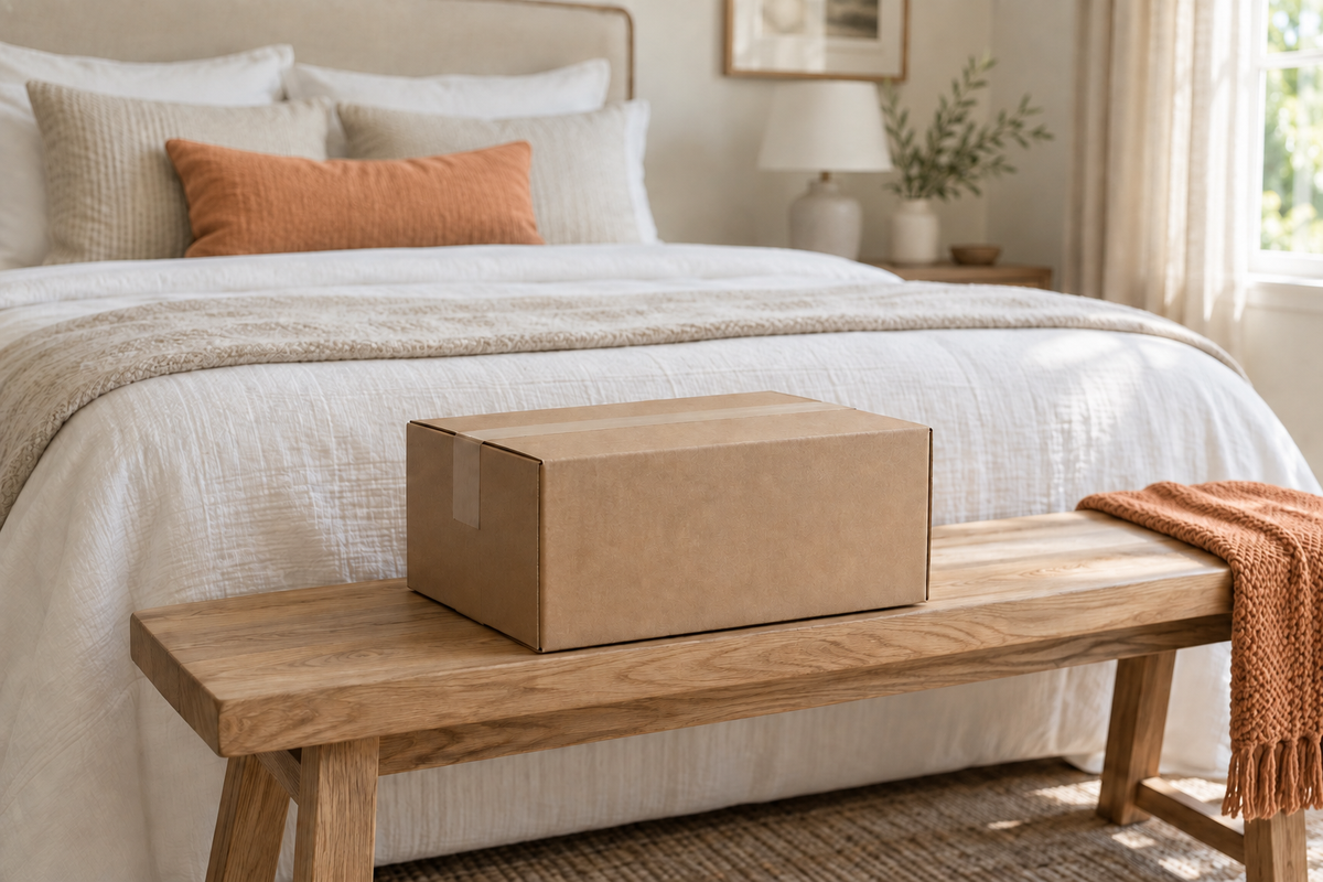 An illustrative scene of a kraft parcel on an oak bench in a softly sunlit bedroom