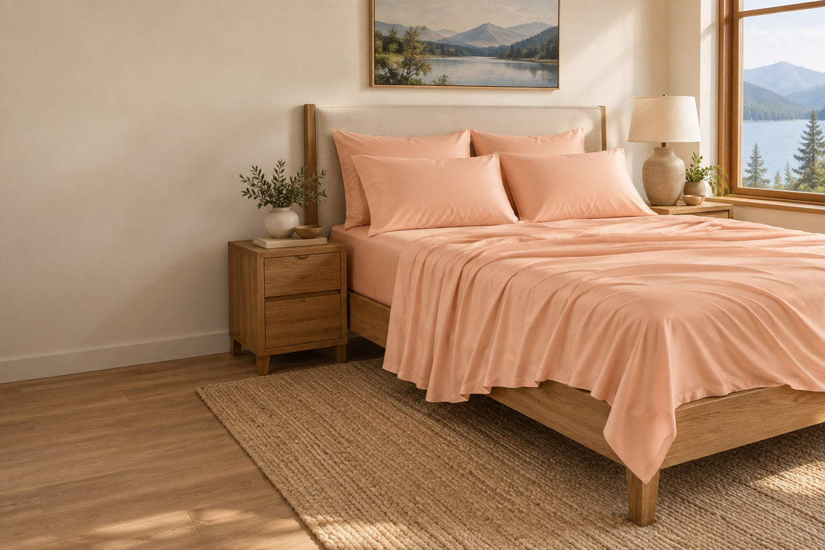 Peach TENCEL sheet set styled in a bright bedroom, with a lightweight draped top sheet